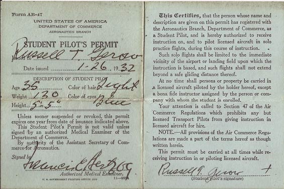 R.T. Gerow Student Pilot Permit, January 26, 1932 (Source: Gerow)